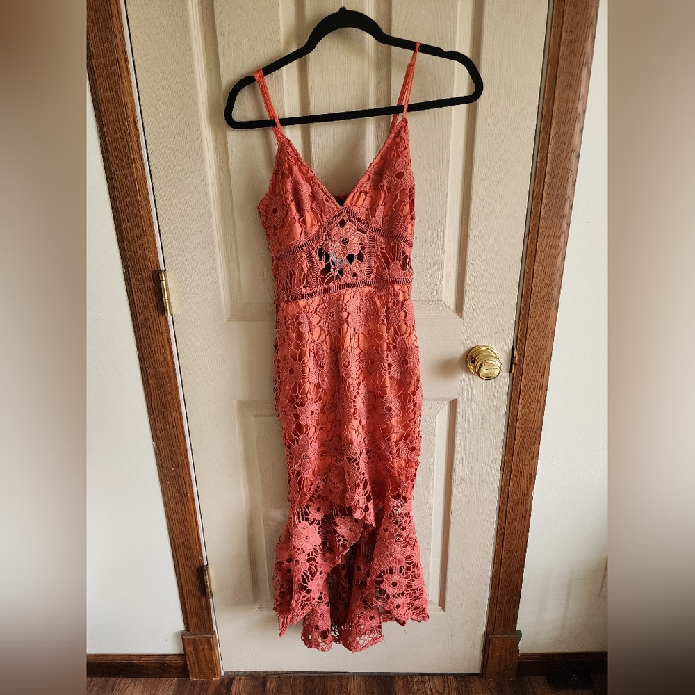 Pretty little thing Rust Lace Strappy Frill Hem Midi Dress Size 2